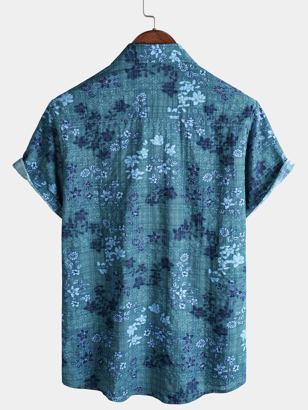 Chemise rétro à manches courtes et poches pour homme, motif floral bleu, style décontracté, pour les vacances