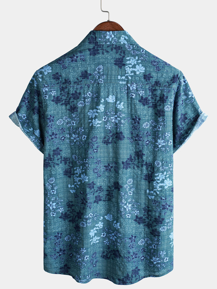Chemise rétro à manches courtes et poches pour homme, motif floral bleu, style décontracté, pour les vacances