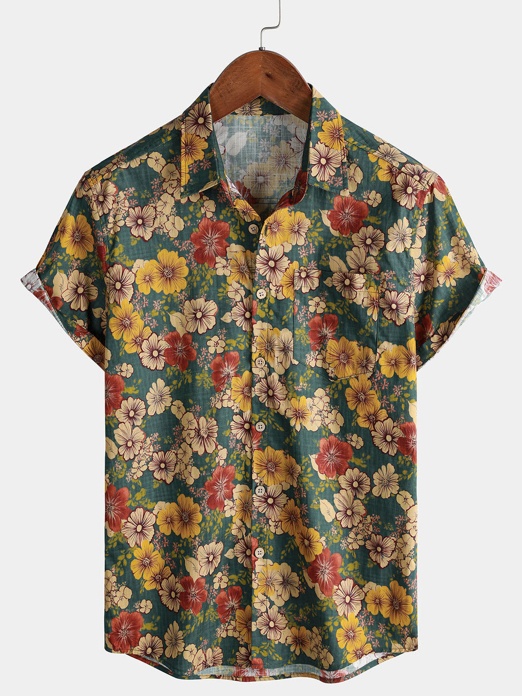 Chemise à manches courtes respirante avec imprimé botanique vintage pour hommes