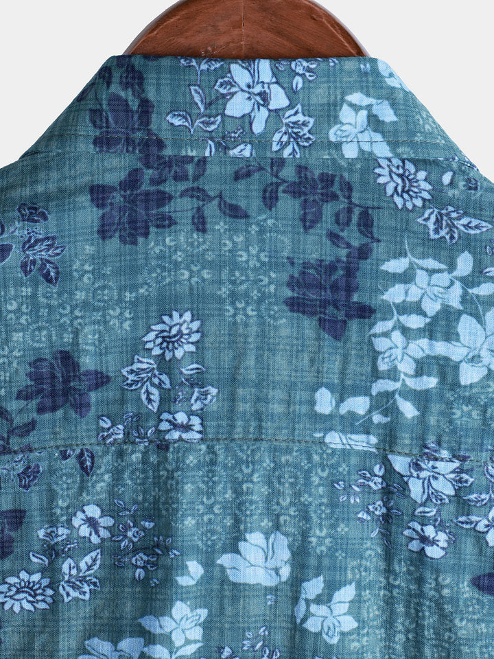 Chemise rétro à manches courtes et poches pour homme, motif floral bleu, style décontracté, pour les vacances