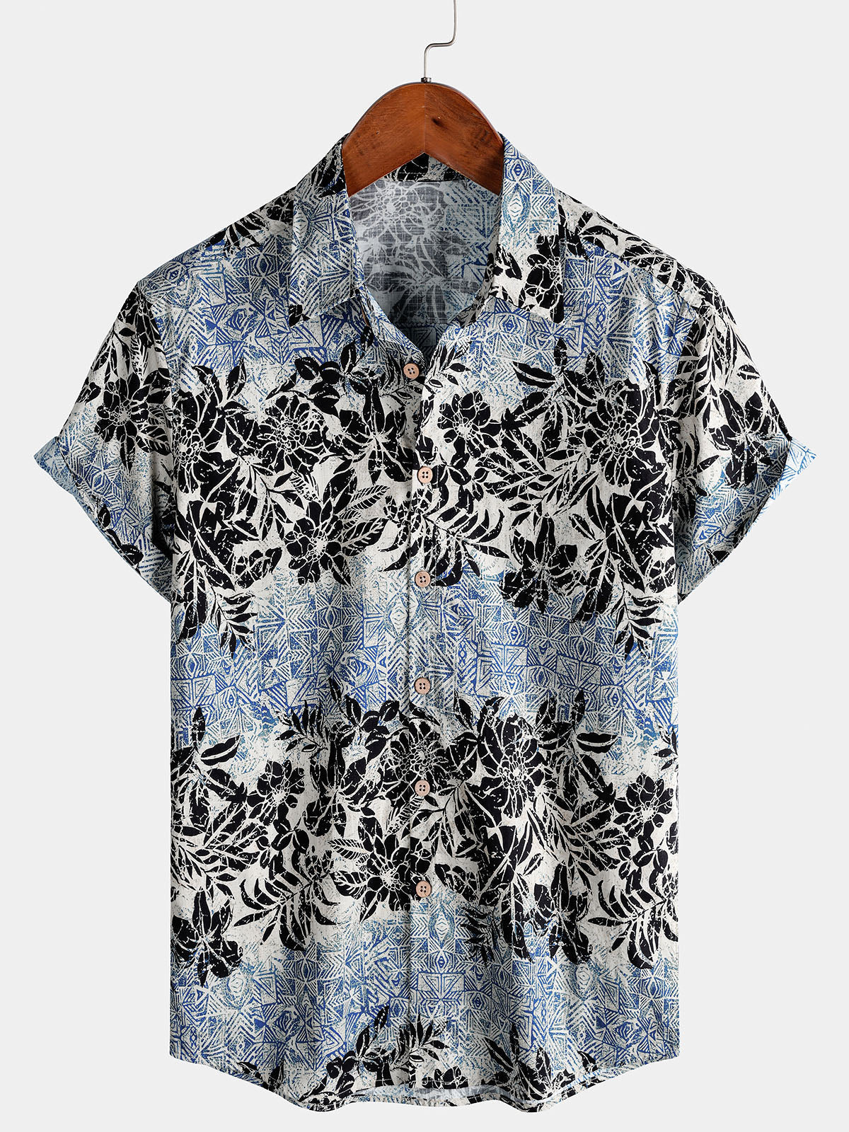 Chemise Homme Bohème Rétro à Manches Courtes en Coton Respirante Imprimé Botanique Style Île
