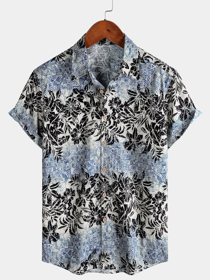 Chemise Homme Bohème Rétro à Manches Courtes en Coton Respirante Imprimé Botanique Style Île