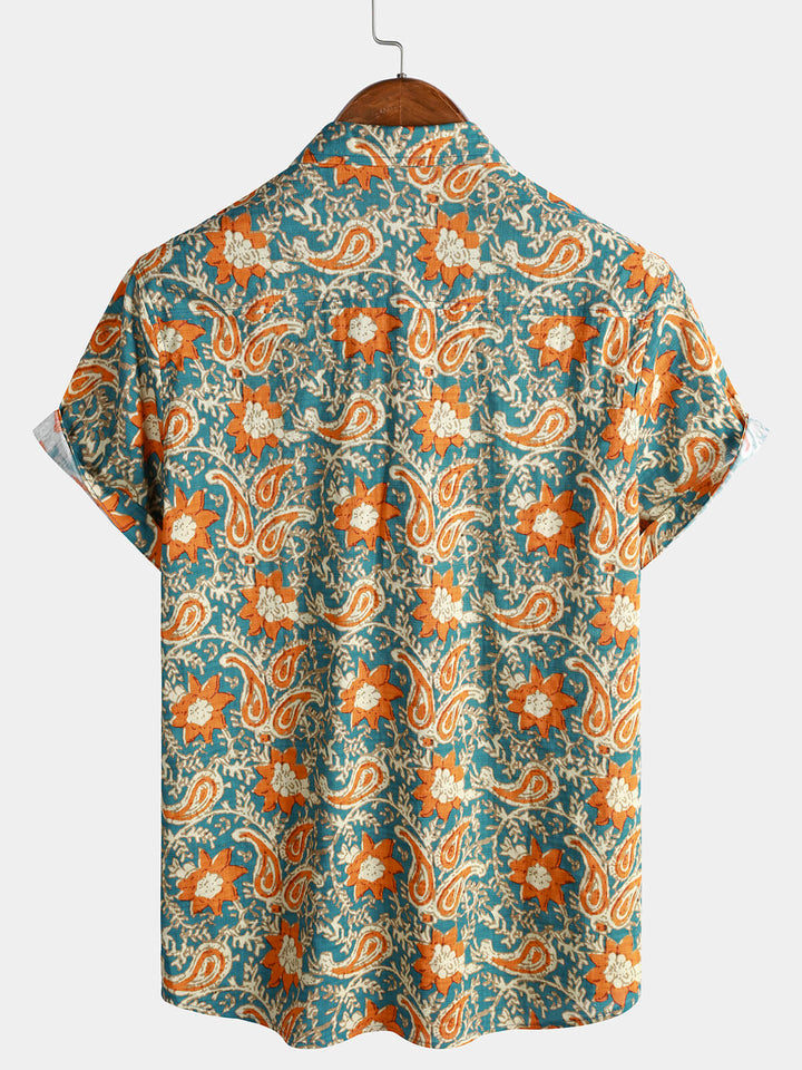 Chemise Homme Bohème Décontractée à Manches Courtes Imprimé Paisley et Floral Bleu