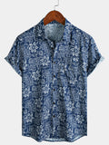 Chemise Homme Imprimé Géométrique Floral Bleu Marine Style Bohème Casual Manches Courtes