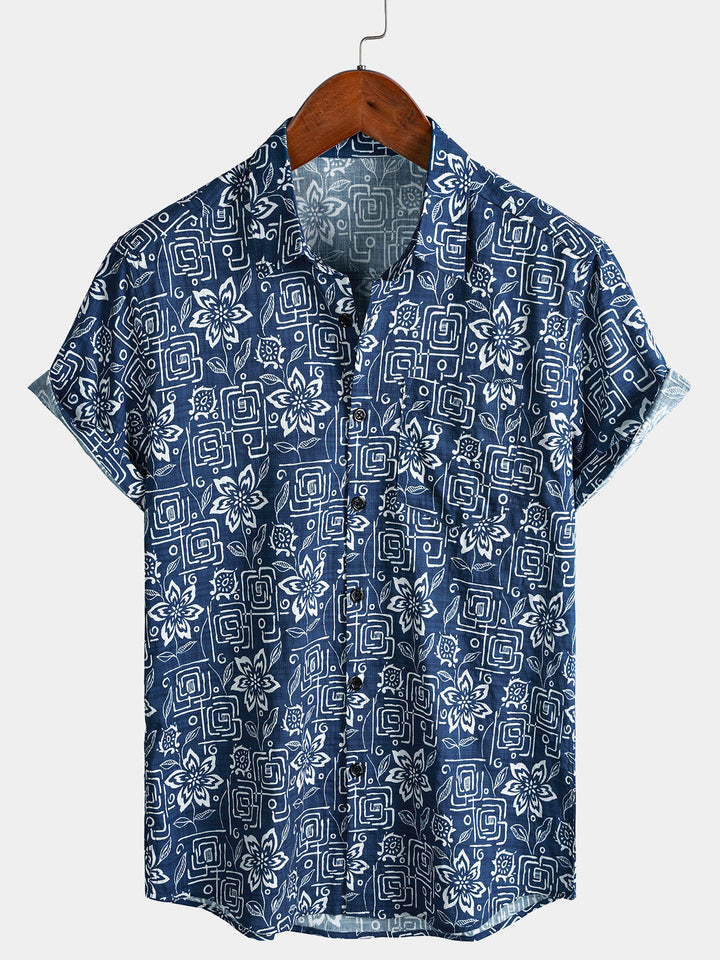 Chemise Homme Imprimé Géométrique Floral Bleu Marine Style Bohème Casual Manches Courtes