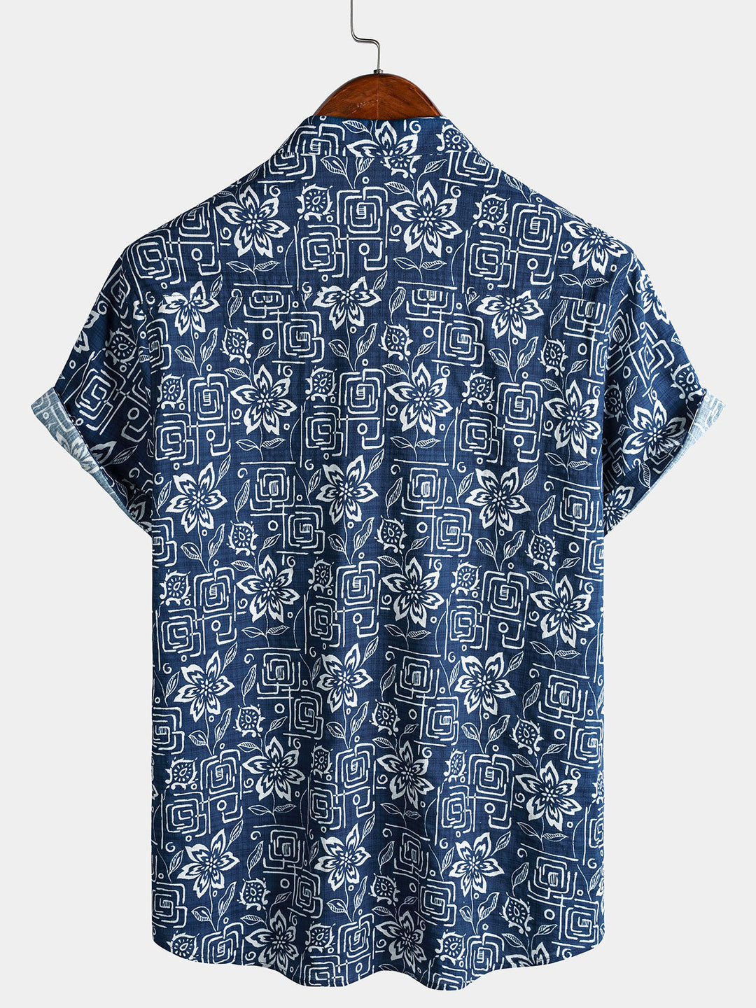 Chemise Homme Imprimé Géométrique Floral Bleu Marine Style Bohème Casual Manches Courtes