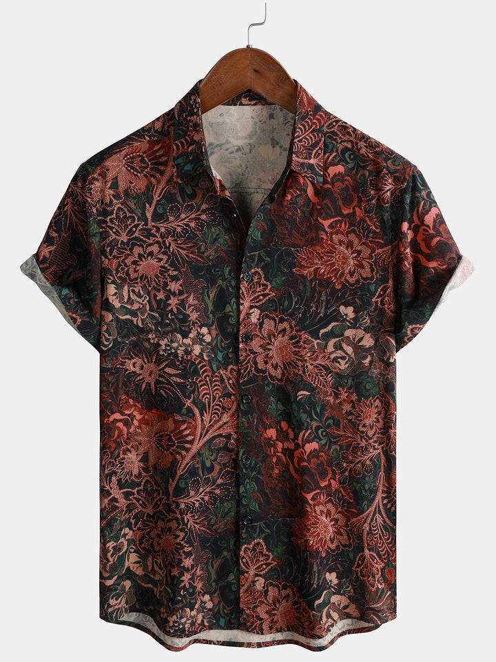 Chemise homme rouge à imprimé floral rétro en 100 % rayonne manches courtes esprit resort
