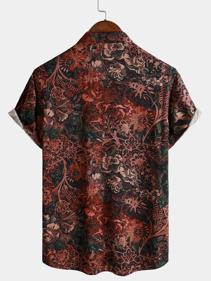 Chemise homme rouge à imprimé floral rétro en 100 % rayonne manches courtes esprit resort
