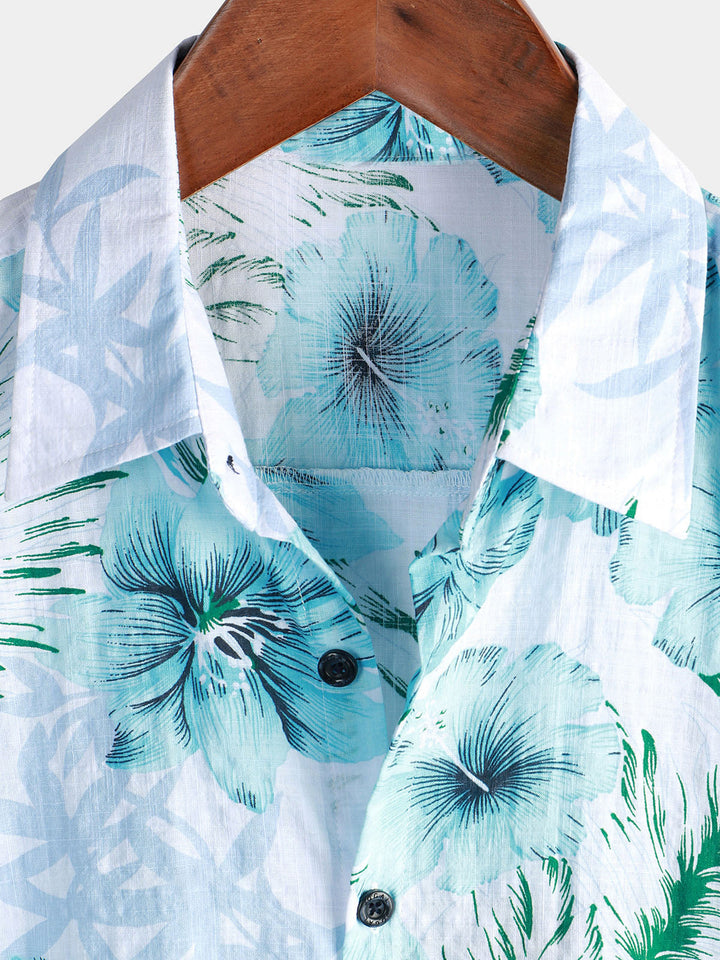 Chemise à manches courtes hawaïenne à fleurs tropicales pour hommes Hibiscus bleu été vacances plage