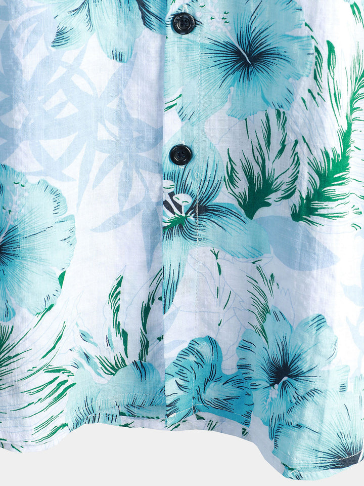 Chemise à manches courtes hawaïenne à fleurs tropicales pour hommes Hibiscus bleu été vacances plage