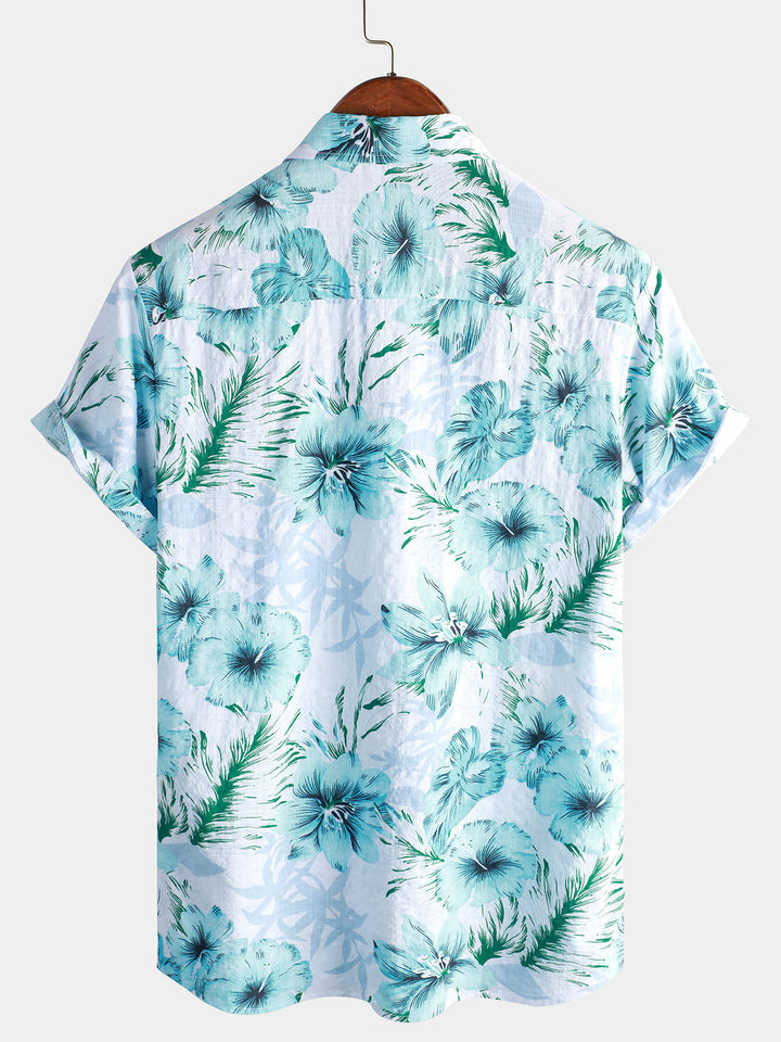 Chemise à manches courtes hawaïenne à fleurs tropicales pour hommes Hibiscus bleu été vacances plage