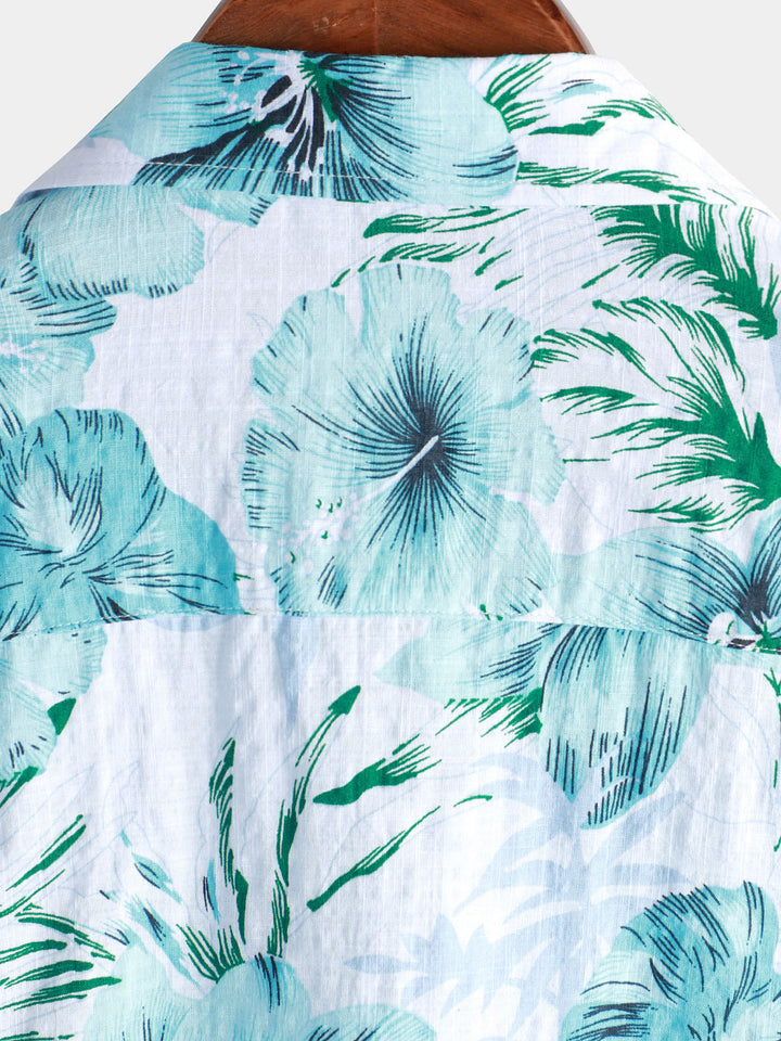 Chemise à manches courtes hawaïenne à fleurs tropicales pour hommes Hibiscus bleu été vacances plage
