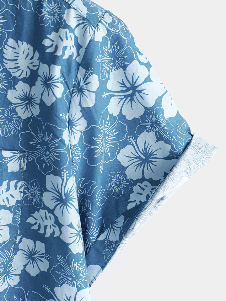 Chemise boutonnée bleue à manches courtes pour hommes, vacances florales hawaïennes, poche décontractée