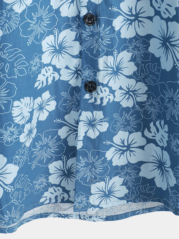 Chemise boutonnée bleue à manches courtes pour hommes, vacances florales hawaïennes, poche décontractée