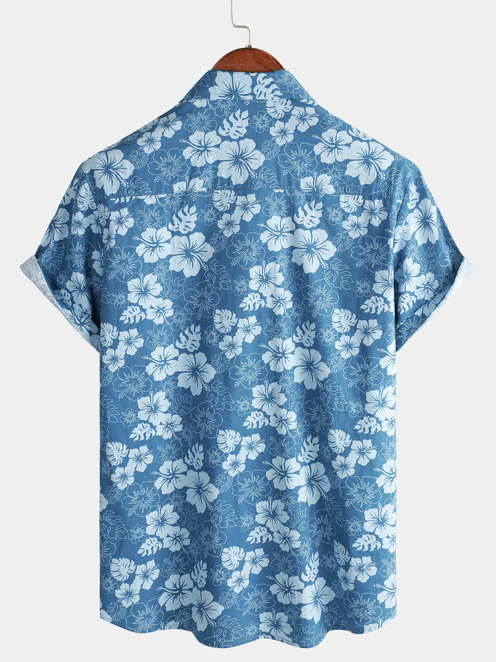Chemise boutonnée bleue à manches courtes pour hommes, vacances florales hawaïennes, poche décontractée