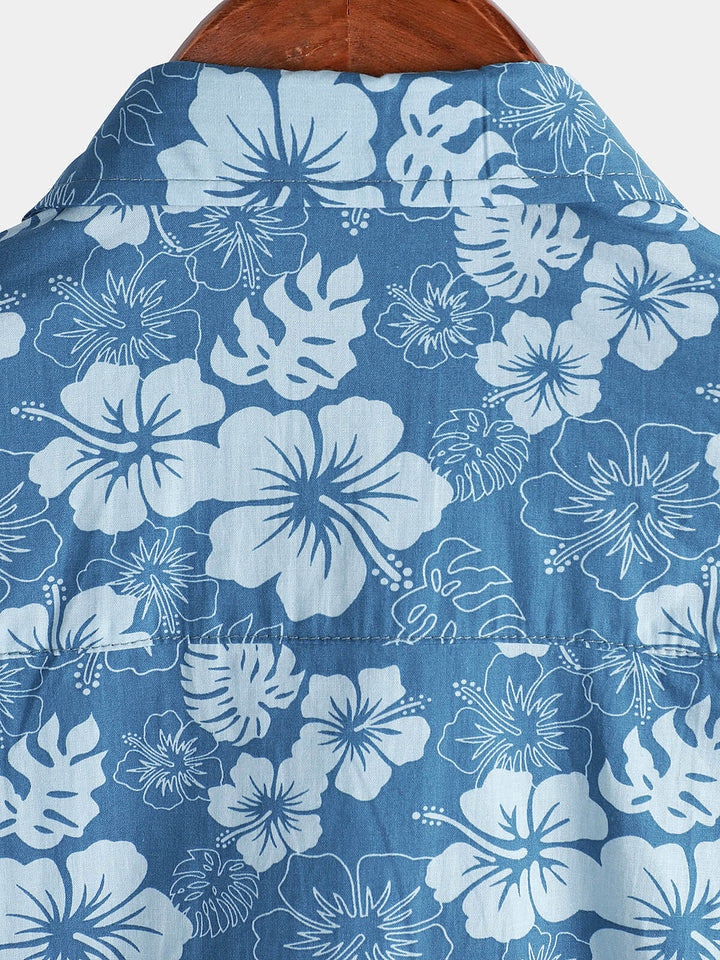 Chemise boutonnée bleue à manches courtes pour hommes, vacances florales hawaïennes, poche décontractée
