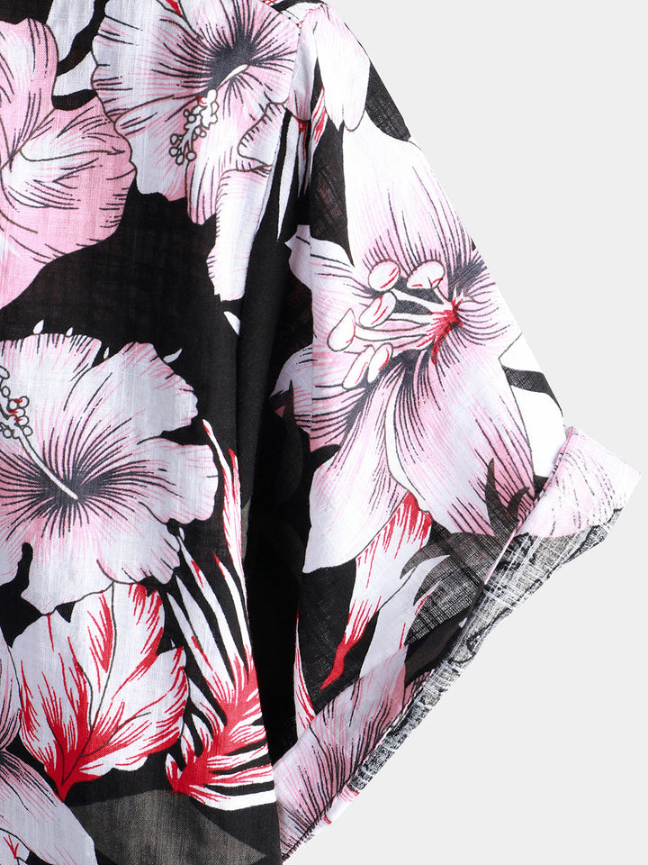 Chemise à manches courtes hawaïenne à fleurs roses tropicales pour hommes Hibiscus Summer Holiday Beach
