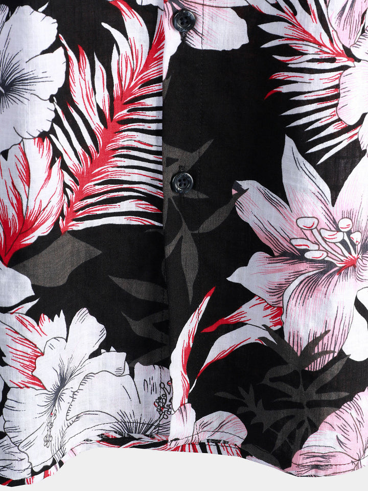 Chemise à manches courtes hawaïenne à fleurs roses tropicales pour hommes Hibiscus Summer Holiday Beach