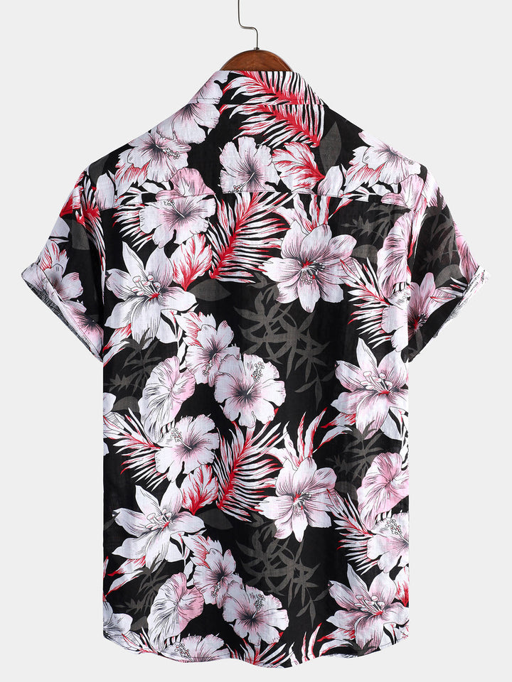 Chemise à manches courtes hawaïenne à fleurs roses tropicales pour hommes Hibiscus Summer Holiday Beach