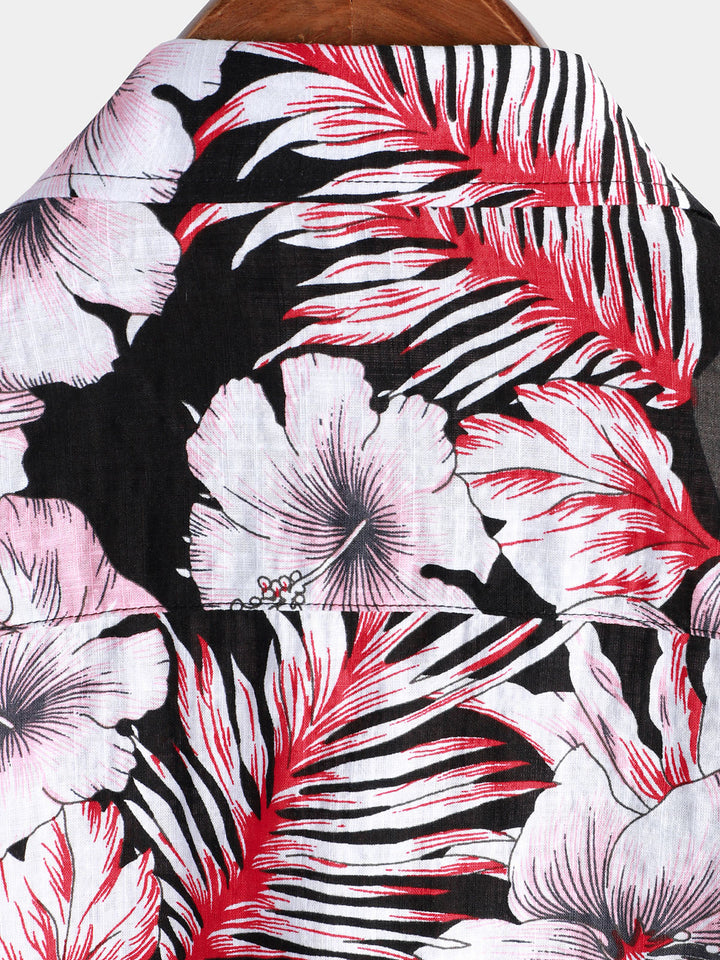 Chemise à manches courtes hawaïenne à fleurs roses tropicales pour hommes Hibiscus Summer Holiday Beach