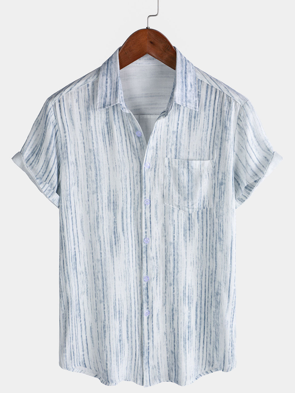 Chemise blanche à rayures et manches courtes pour homme, respirante et à poches