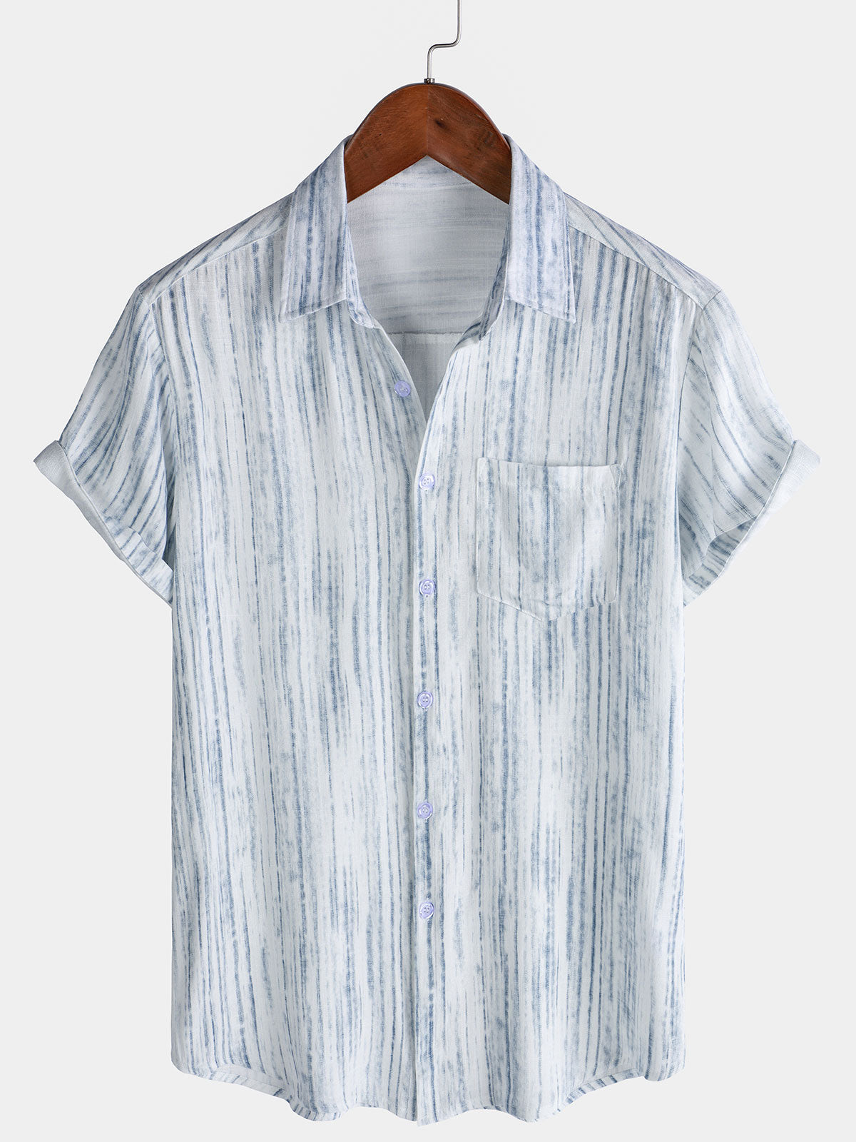 Chemise blanche à rayures et manches courtes pour homme, respirante et à poches