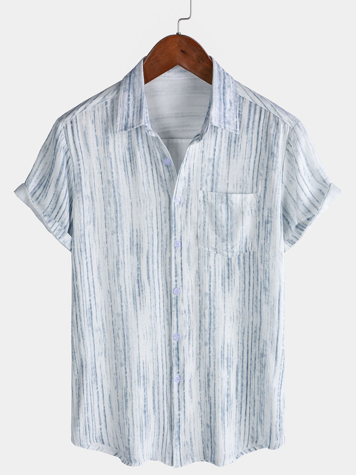 Chemise blanche à rayures et manches courtes pour homme, respirante et à poches