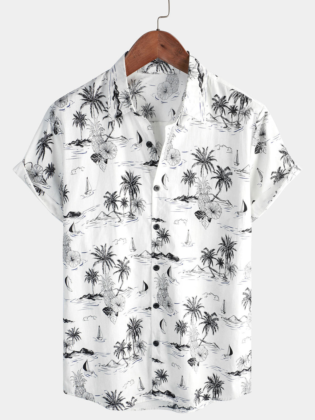 Chemise Aloha à Manches Courtes Blanche avec Imprimé d'Ananas Tropical et de Palmier pour Homme