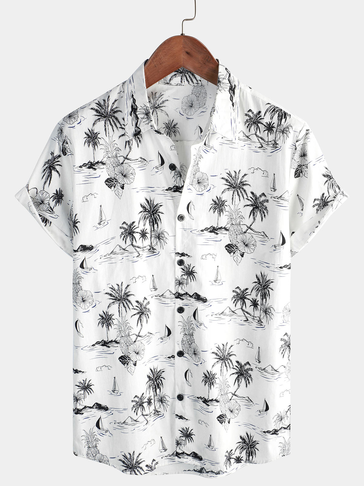 Chemise Aloha à Manches Courtes Blanche avec Imprimé d'Ananas Tropical et de Palmier pour Homme
