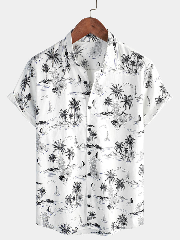 Chemise Aloha à manches courtes blanche pour homme avec imprimé tropical d&