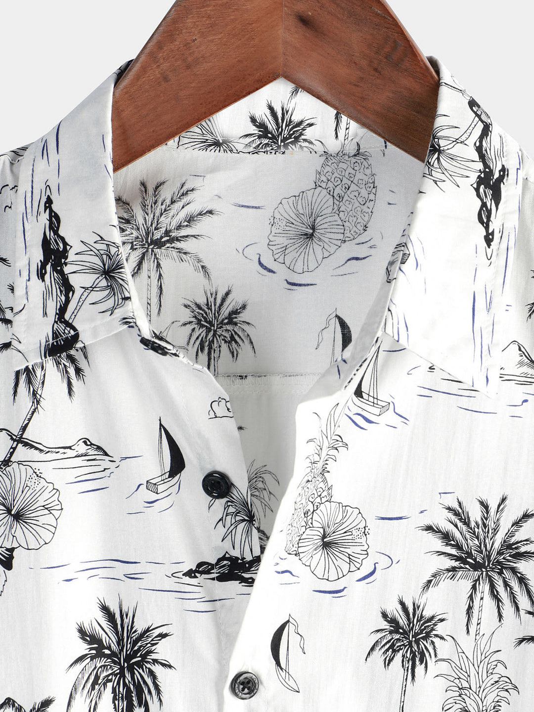 Chemise hawaïenne blanche à manches courtes Aloha pour homme avec imprimé palmier et ananas tropical