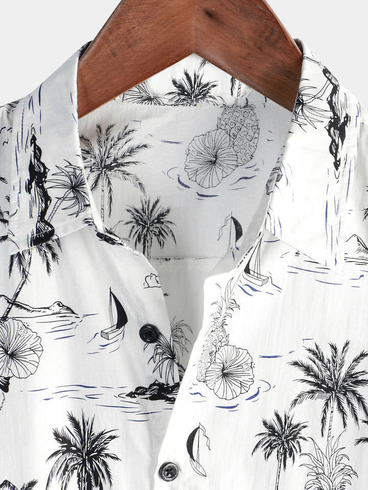 Chemise hawaïenne blanche à manches courtes Aloha pour homme avec imprimé palmier et ananas tropical