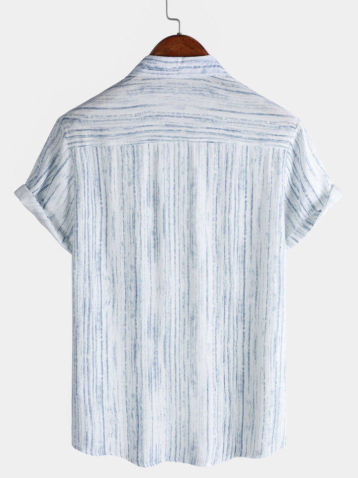 Chemise blanche à rayures et manches courtes pour homme, respirante et à poches