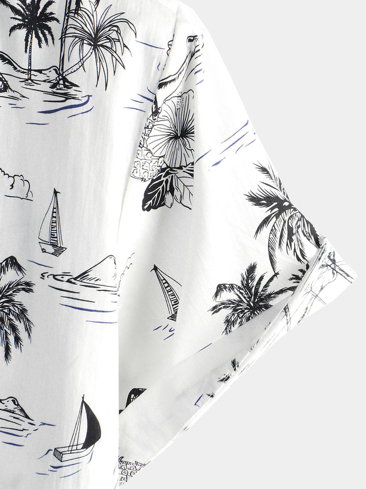 Chemise hawaïenne blanche à manches courtes Aloha pour homme avec imprimé palmier et ananas tropical