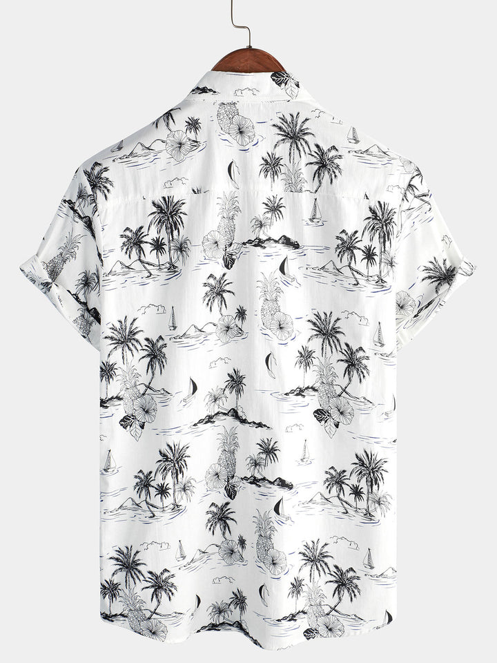 Chemise hawaïenne blanche à manches courtes Aloha pour homme avec imprimé palmier et ananas tropical