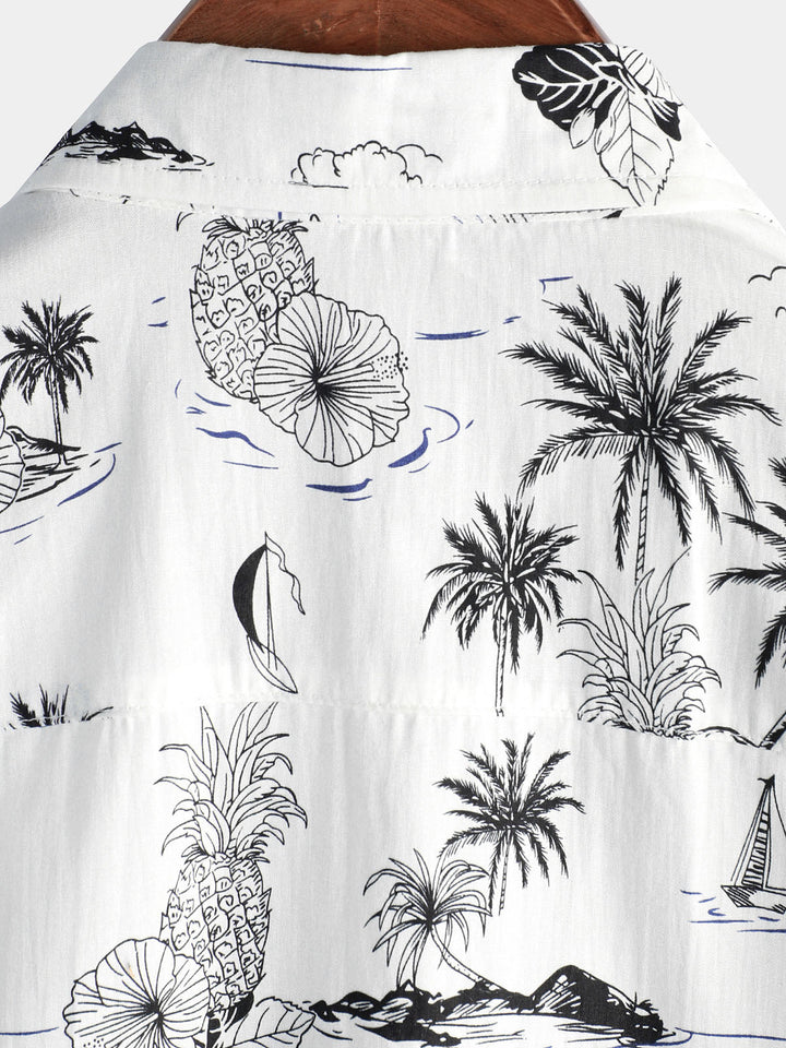 Chemise hawaïenne blanche à manches courtes Aloha pour homme avec imprimé palmier et ananas tropical