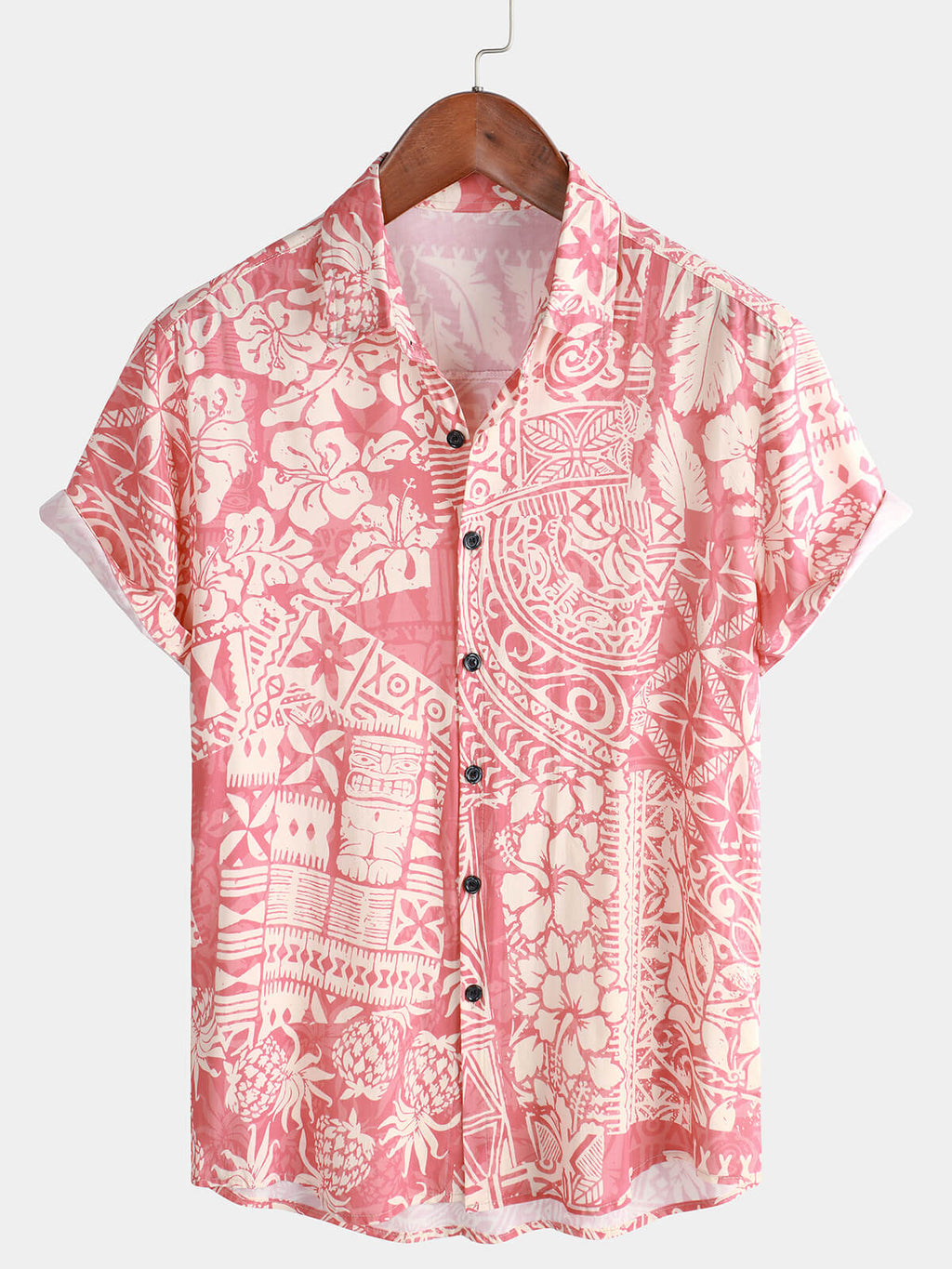 Chemise à Manches Courtes à Bouton Hawaïenne Florale Rose pour Homme
