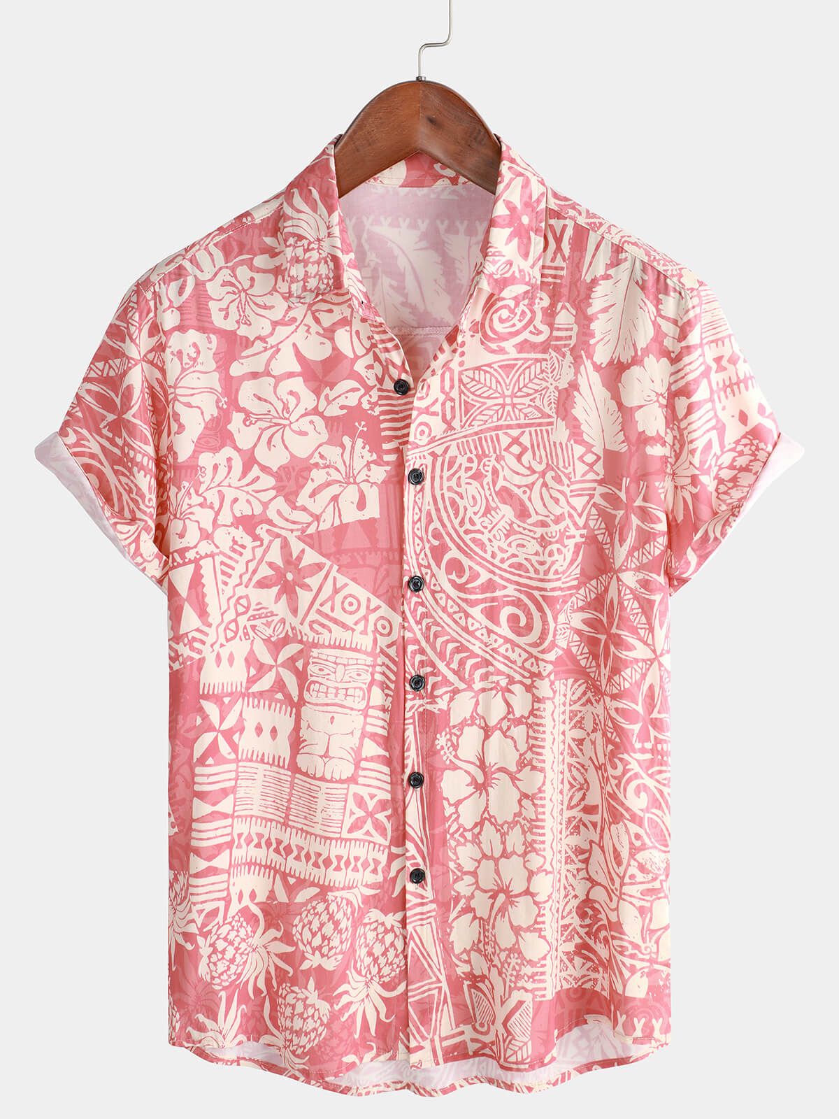 Chemise à Manches Courtes à Bouton Hawaïenne Florale Rose pour Homme