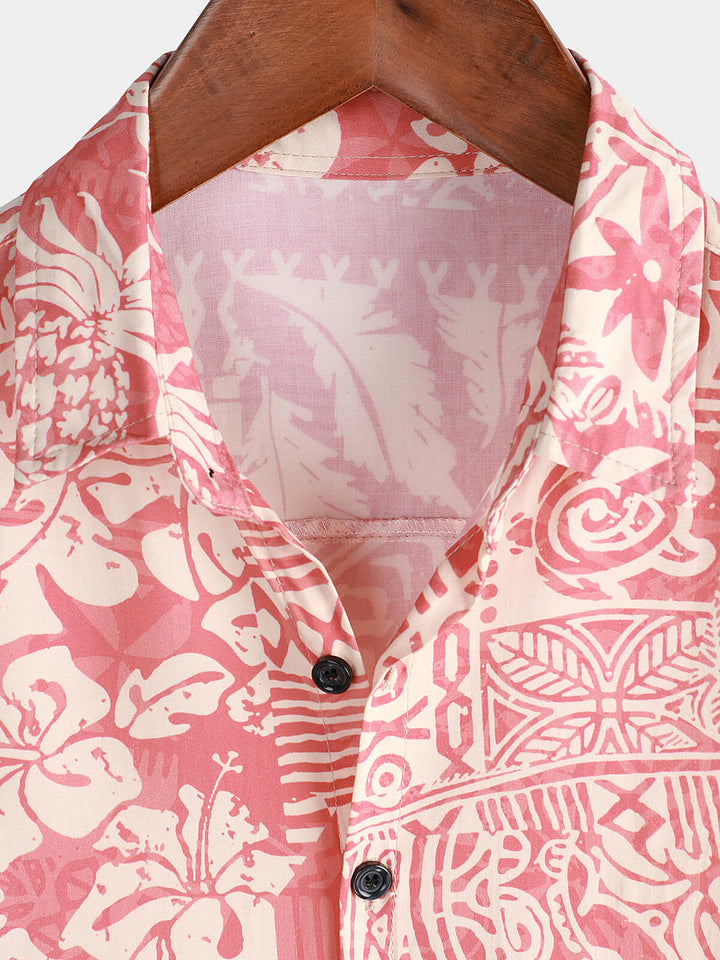 Chemise boutonnée à manches courtes hawaïenne pour hommes, motif floral tropical rose, vacances