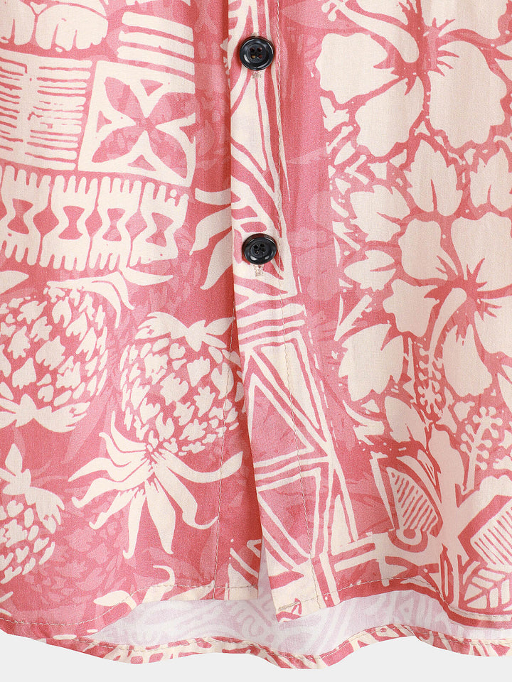 Chemise boutonnée à manches courtes hawaïenne pour hommes, motif floral tropical rose, vacances