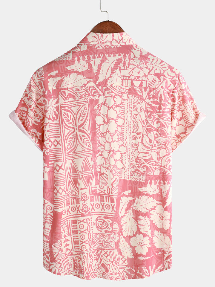 Chemise boutonnée à manches courtes hawaïenne pour hommes, motif floral tropical rose, vacances
