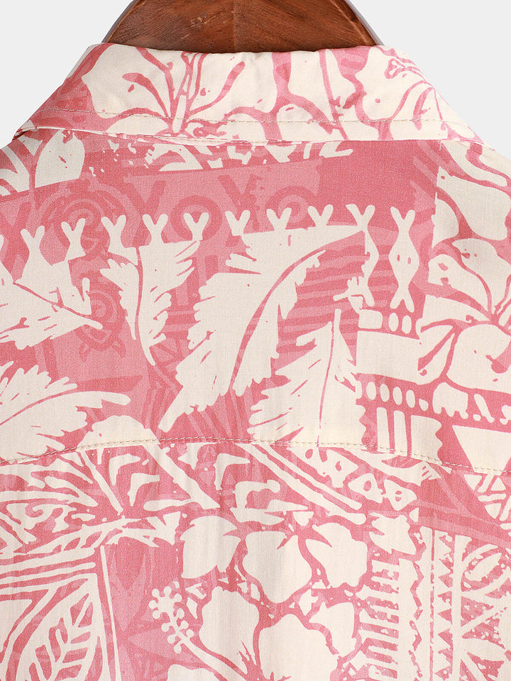 Chemise boutonnée à manches courtes hawaïenne pour hommes, motif floral tropical rose, vacances