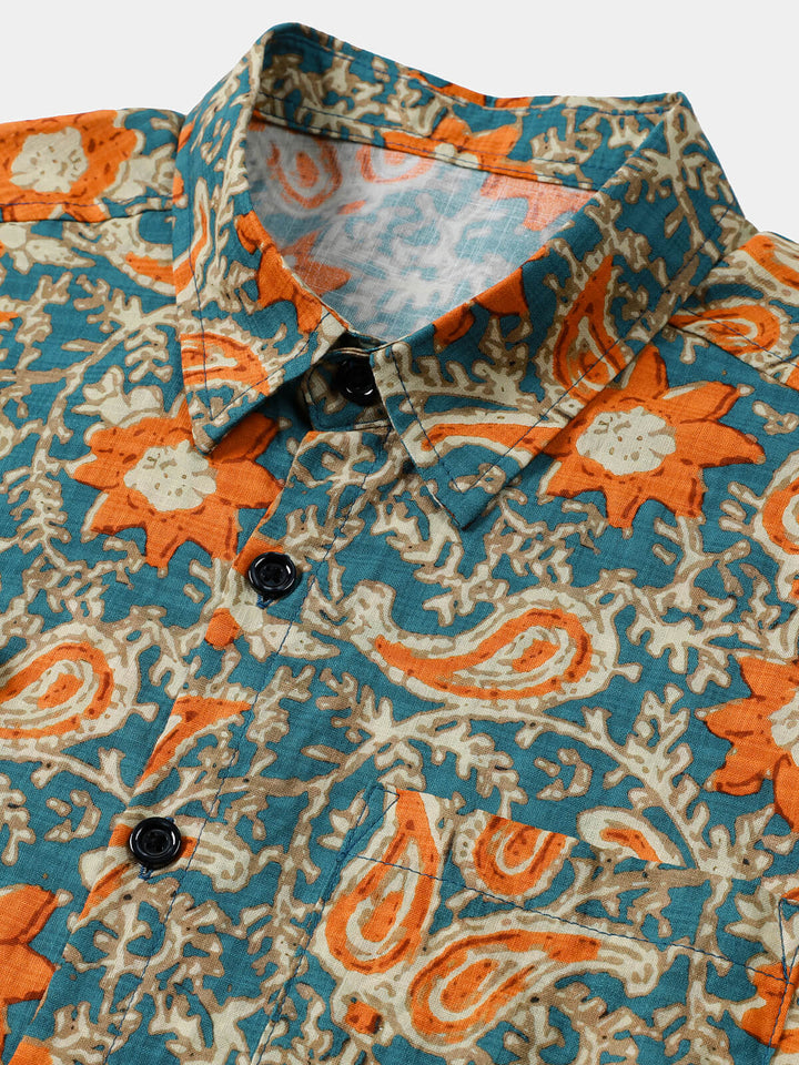 Chemise Homme Bohème Décontractée à Manches Courtes Imprimé Paisley et Floral Bleu