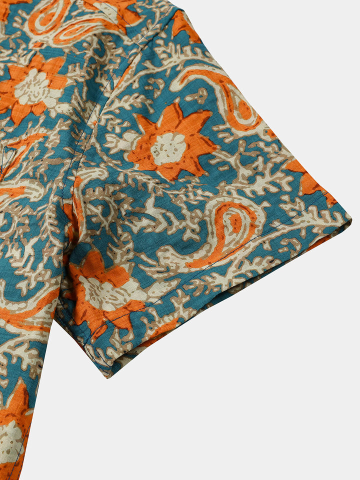 Chemise Homme Bohème Décontractée à Manches Courtes Imprimé Paisley et Floral Bleu