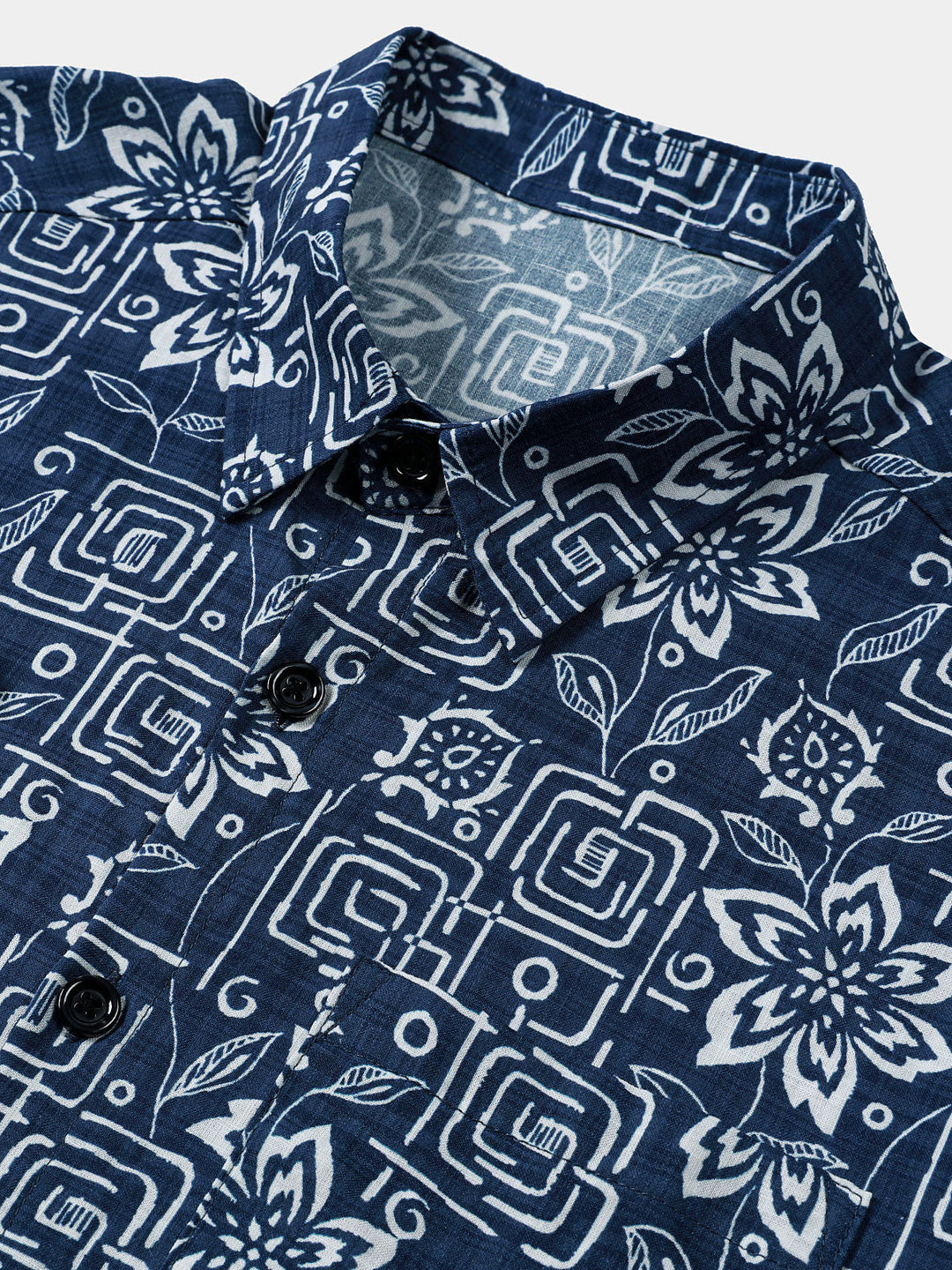 Chemise Homme Imprimé Géométrique Floral Bleu Marine Style Bohème Casual Manches Courtes