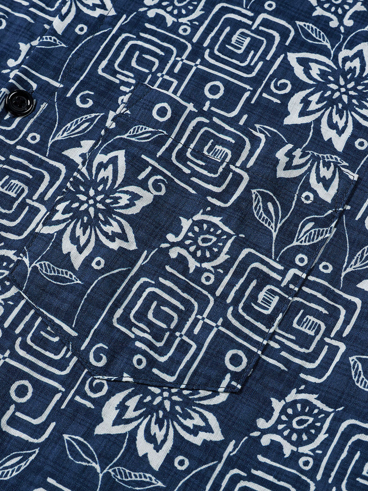 Chemise Homme Imprimé Géométrique Floral Bleu Marine Style Bohème Casual Manches Courtes