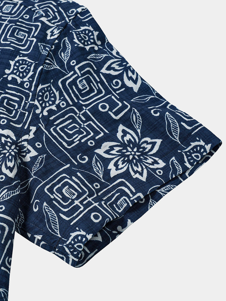 Chemise Homme Imprimé Géométrique Floral Bleu Marine Style Bohème Casual Manches Courtes
