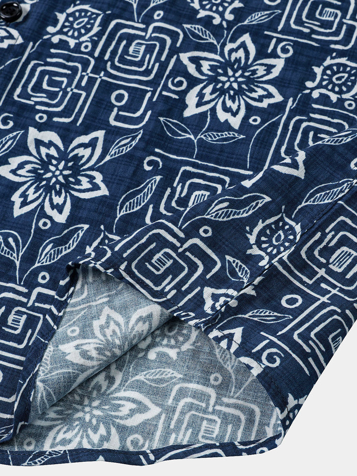 Chemise Homme Imprimé Géométrique Floral Bleu Marine Style Bohème Casual Manches Courtes