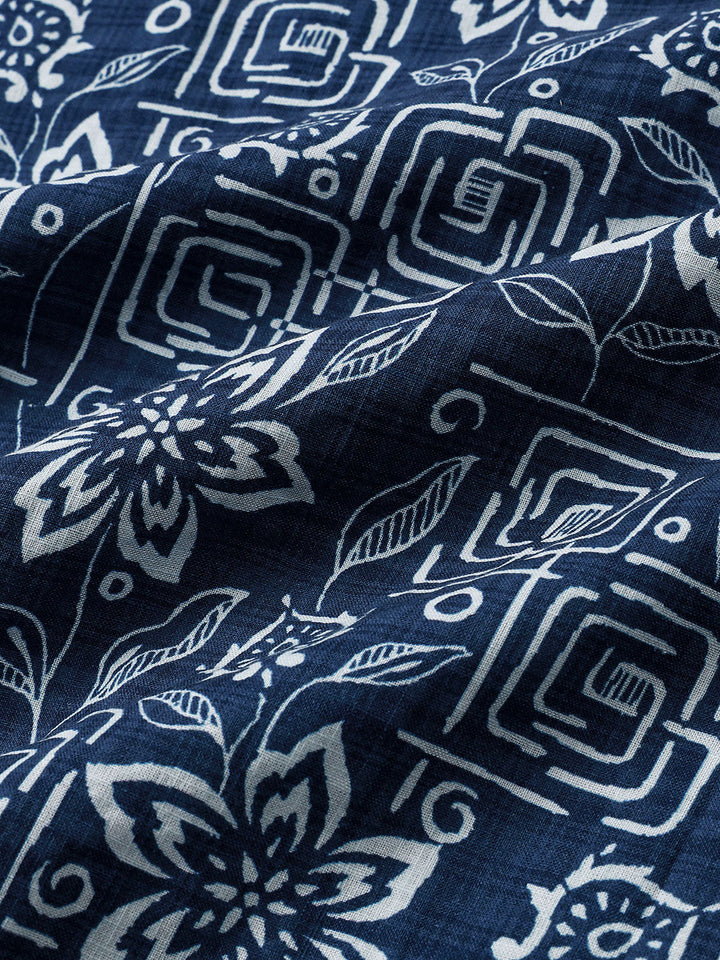 Chemise Homme Imprimé Géométrique Floral Bleu Marine Style Bohème Casual Manches Courtes