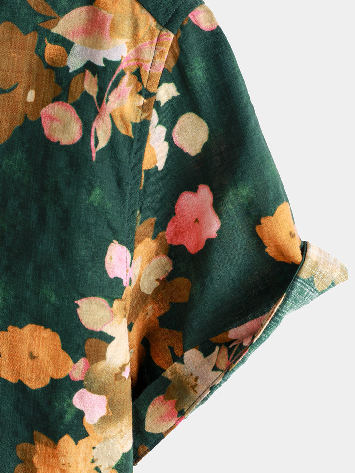 Chemise de plage décontractée à manches courtes en coton vert à fleurs pour homme